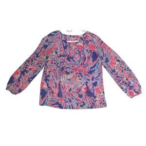 Lilly Pulitzer Women's XS Long Sleeve V-Neck Silk Elsa Top Pink Purple White